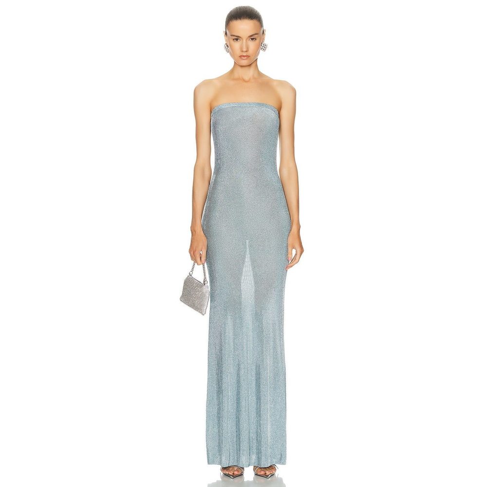 New SER.O.YA Narissa Metallic Knit Maxi Dress Sky Blue metallic, sheer strapless - Picture 2 of 10